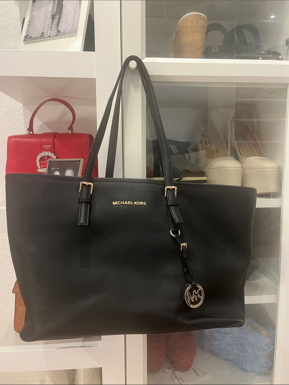 Michael Kors Black Leather Tote with Gold Hardware